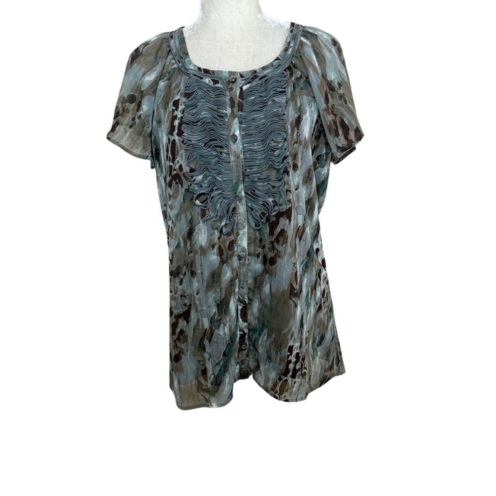 Soft Surroundings Breezy Brown & Green Short Sleeve Button Up Top Size Medium - Picture 2 of 11